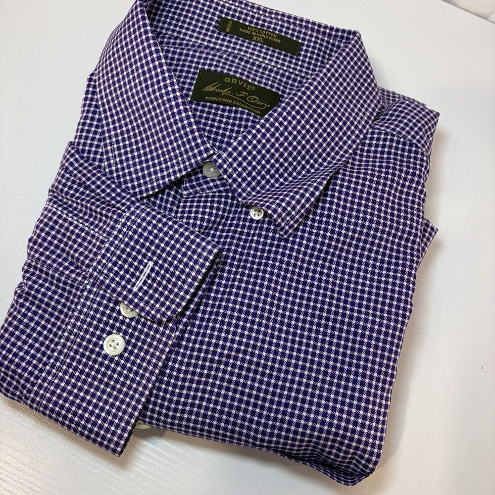 Orvis Mens XXL Purple Plaid Button Down Shirt 100% Cotton Long Sleeve
